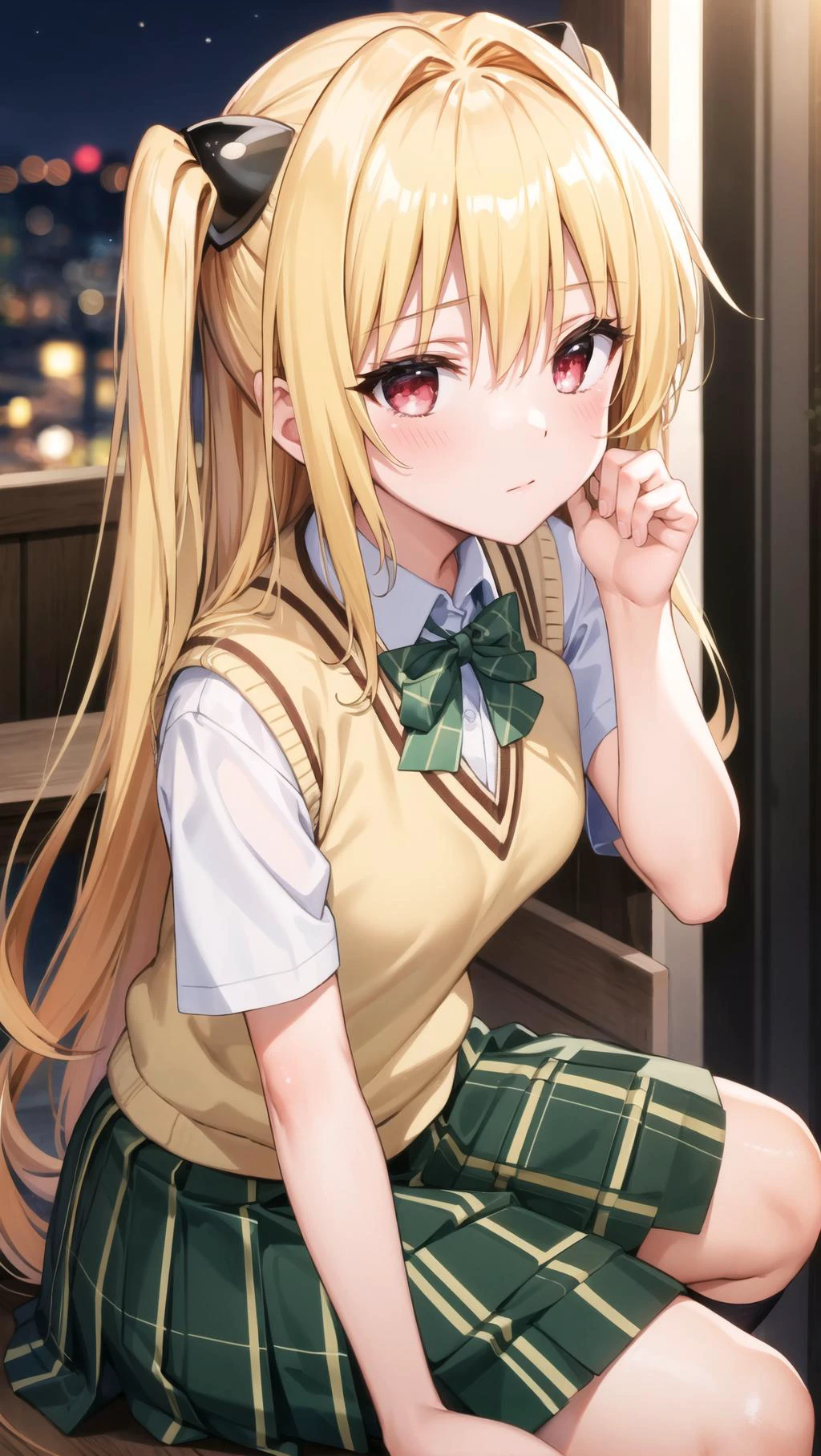 masterpiece, best quality, highres, BREAK , <lora:yami-v1:0.9>,phyami, yamisch, long hair,hair ornament, hair between eyes, blonde hair, very long hair,red eyes,
school uniform,thigh strap, sweater vest, plaid skirt, plaid, socks, pleated skirt, skirt,
/=yaminor,etached sleeves, black dress=/
BREAK
,
, BREAK ,sleepy,old cafe terrace evening, , platinum, gold, multicolored theme, , intense angle, push- up pose,looking at viewer, breasts,