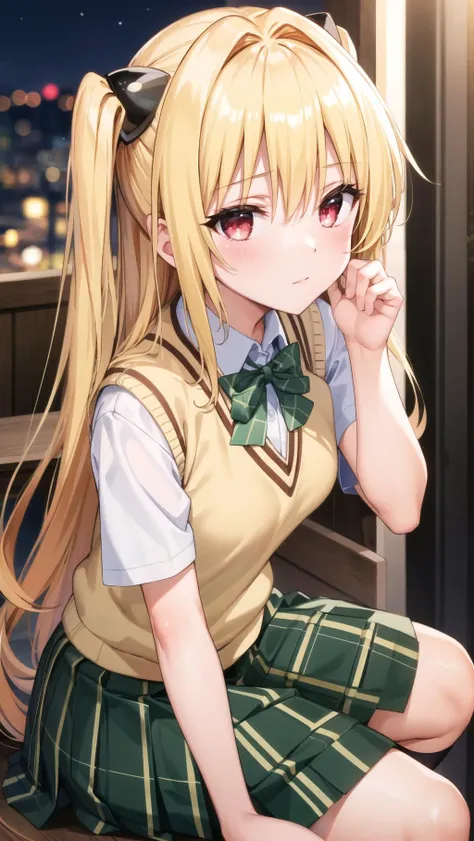 masterpiece, best quality, highres, BREAK , <lora:yami-v1:0.9>,phyami, yamisch,  long hair,hair ornament, hair between eyes, blonde hair, very long hair,red eyes,
  school uniform,thigh strap, sweater vest, plaid skirt, plaid, socks, pleated skirt, skirt,
/=yaminor,etached sleeves, black dress=/
BREAK
,
, BREAK ,sleepy,old cafe terrace evening, , platinum, gold, multicolored theme, , intense angle, push- up pose,looking at viewer, breasts,