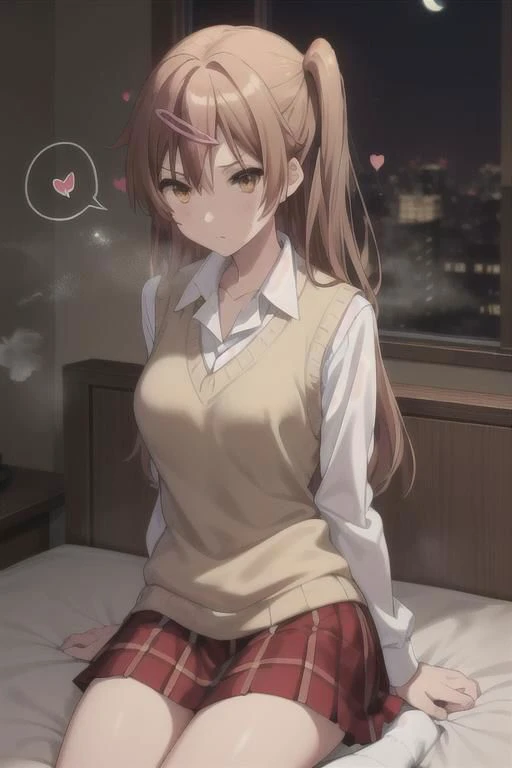 masterpiece, best quality, highres, BREAK,
<lora:nibutani_shinka:0.7>,bbshinka,long hair,one side up,hairclip,sweater vest,beige sweater,shirt,collared shirt,skirt,plaid skirt,socks
,
(spoken hearts:1.2),sweat,(deep breathe:1.2),(on bed:1),(steam:1.2) ,(presenting:1.2), looking at viewer
,(disheveled hair:1.1),(moonlit room:1.1),(soft bed linens:1.1)