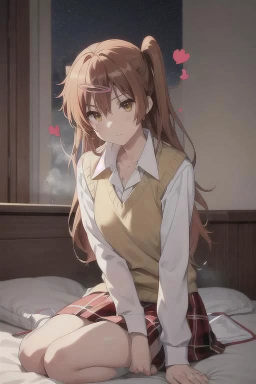 masterpiece, best quality, highres, BREAK,
<lora:nibutani_shinka:0.7>,bbshinka,long hair,one side up,hairclip,sweater vest,beige sweater,shirt,collared shirt,skirt,plaid skirt,socks
,
(spoken hearts:1.2),sweat,(deep breathe:1.2),(on bed:1),(steam:1.2) ,(presenting:1.2), looking at viewer
,(disheveled hair:1.1),(moonlit room:1.1),(soft bed linens:1.1)