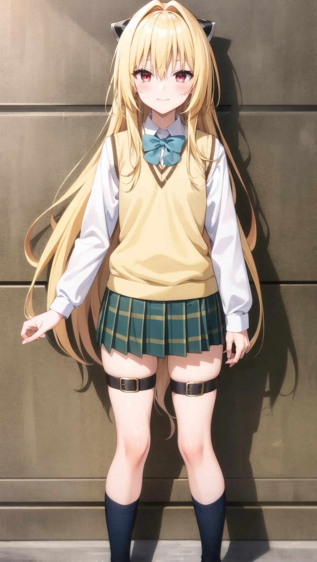 masterpiece, best quality, highres, BREAK , <lora:yami-v1:0.9>,phyami, yamisch,  long hair,hair ornament, hair between eyes, blonde hair, very long hair,red eyes,
  school uniform,thigh strap, sweater vest, plaid skirt, plaid, socks, pleated skirt, skirt,
/=yaminor,etached sleeves, black dress=/
BREAK
,
, BREAK ,smile,fantasy Los Angeles city daytime, , chic, detailed theme, , long shot, standing against the wall,, knees,