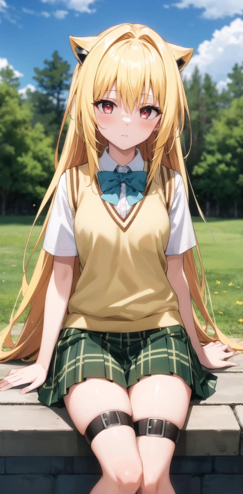masterpiece, best quality, highres, BREAK , <lora:yami-v1:0.9>,phyami, yamisch, long hair,hair ornament, hair between eyes, blonde hair, very long hair,red eyes,
school uniform,thigh strap, sweater vest, plaid skirt, plaid, socks, pleated skirt, skirt,
/=yaminor,etached sleeves, black dress=/
BREAK
,
, BREAK ,incoming kiss,fantasy Yellowstone daytime, , colorful, beachy theme, , , hair flipping,, thighs,
