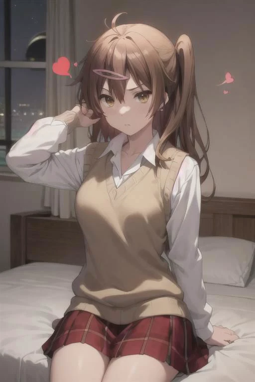 masterpiece, best quality, highres, BREAK,
<lora:nibutani_shinka:0.7>,bbshinka,long hair,one side up,hairclip,sweater vest,beige sweater,shirt,collared shirt,skirt,plaid skirt,socks
,
(spoken hearts:1.2),sweat,(deep breathe:1.2),(on bed:1),(steam:1.2) ,(presenting:1.2), looking at viewer
,(disheveled hair:1.1),(moonlit room:1.1),(soft bed linens:1.1)