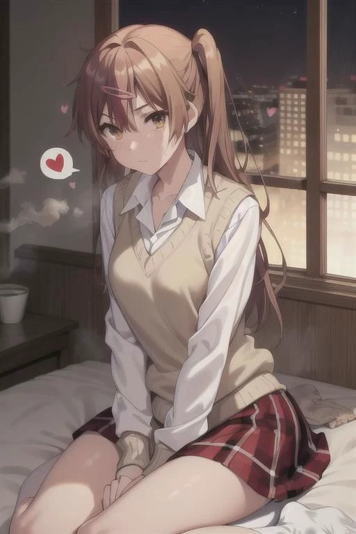 masterpiece, best quality, highres, BREAK,
<lora:nibutani_shinka:0.7>,bbshinka,long hair,one side up,hairclip,sweater vest,beige sweater,shirt,collared shirt,skirt,plaid skirt,socks
,
(spoken hearts:1.2),sweat,(deep breathe:1.2),(on bed:1),(steam:1.2) ,(presenting:1.2), looking at viewer
,(disheveled hair:1.1),(moonlit room:1.1),(soft bed linens:1.1)