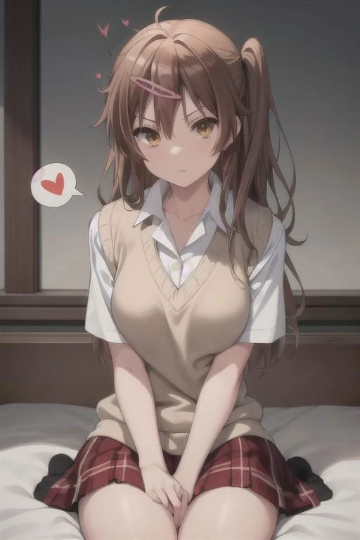 masterpiece, best quality, highres, BREAK,
<lora:nibutani_shinka:0.7>,bbshinka,long hair,one side up,hairclip,sweater vest,beige sweater,shirt,collared shirt,skirt,plaid skirt,socks
,
(spoken hearts:1.2),sweat,(deep breathe:1.2),(on bed:1),(steam:1.2) ,(presenting:1.2), looking at viewer
,(disheveled hair:1.1),(moonlit room:1.1),(soft bed linens:1.1)