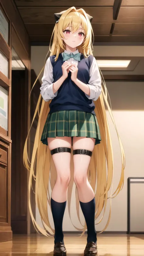 masterpiece, best quality, highres, BREAK , <lora:yami-v1:0.9>,phyami, yamisch, long hair,hair ornament, hair between eyes, blonde hair, very long hair,red eyes,
school uniform,thigh strap, sweater vest, plaid skirt, plaid, socks, pleated skirt, skirt,
/=yaminor,etached sleeves, black dress=/
BREAK
,
, BREAK ,naughty,steampunk chapel midnight, , retro theme, , ceiling, hands covering face,looking away, knees,