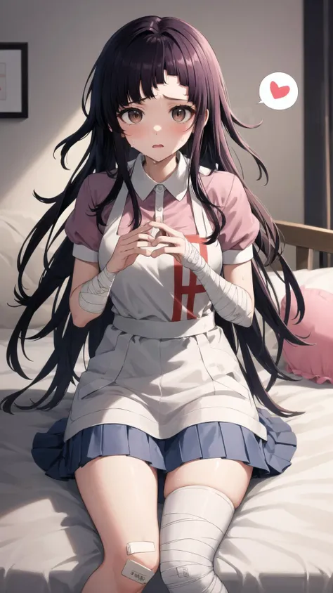 masterpiece, best quality, highres, BREAK,
<lora:Mikan:1>,tmikan, purple hair, (brown eyes:1.2),large breasts long hair, messy hair, bandaged arm, bandaged leg, bandaid on knee,
pink shirt, puffy short sleeves, white apron, pleated skirt
,
(spoken hearts:1.2),(sweat:1.0),(deep breathe:1.2),(on bed:1),(steam:1.2) ,(presenting:1.1), looking at viewer
,(disheveled hair:1.1),(moonlit room:1.1),(soft bed linens:1.1)