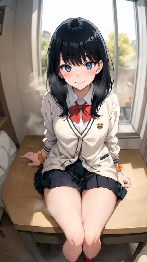 masterpiece, best quality, highres, BREAK,
, <lora:takarada_rikka_v1:0.6>,rikka1, takarada rikka, black hair, blue eyes, long hair, bangs
wrist scrunchie, school uniform,white sweater,orange scrunchie, red bow, white cardigan, long sleeves, bowtie, 
white shirt, miniskirt, red socks,pleated skirt,black skirt,
, BREAK
(spoken hearts:1.1),(sweat:0.8),(deep breathe:1.2),(steam:1.1) , looking at viewer
,blush,
BREAK
,sober smile,victorian indoors evening, , dark, fisheye lens, peeking, ass