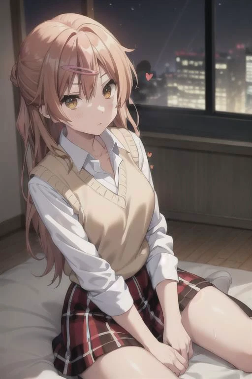 masterpiece, best quality, highres, BREAK,
<lora:nibutani_shinka:0.7>,bbshinka,long hair,one side up,hairclip,sweater vest,beige sweater,shirt,collared shirt,skirt,plaid skirt,socks
,
(spoken hearts:1.2),sweat,(deep breathe:1.2),(on bed:1),(steam:1.2) ,(presenting:1.2), looking at viewer
,(disheveled hair:1.1),(moonlit room:1.1),(soft bed linens:1.1)