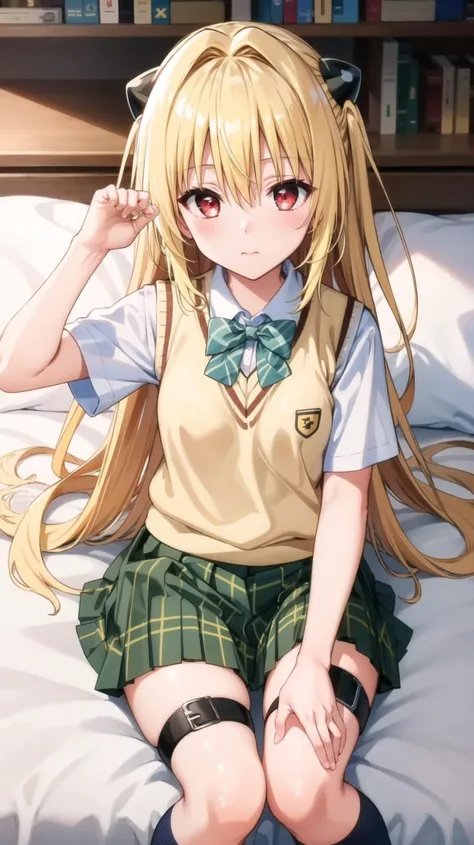 masterpiece, best quality, highres,
<lora:yami-v1:0.9>,phyami, yamisch, long hair,hair ornament, hair between eyes, blonde hair, very long hair,red eyes,
school uniform,thigh strap, sweater vest, plaid skirt, plaid, socks, pleated skirt, skirt,