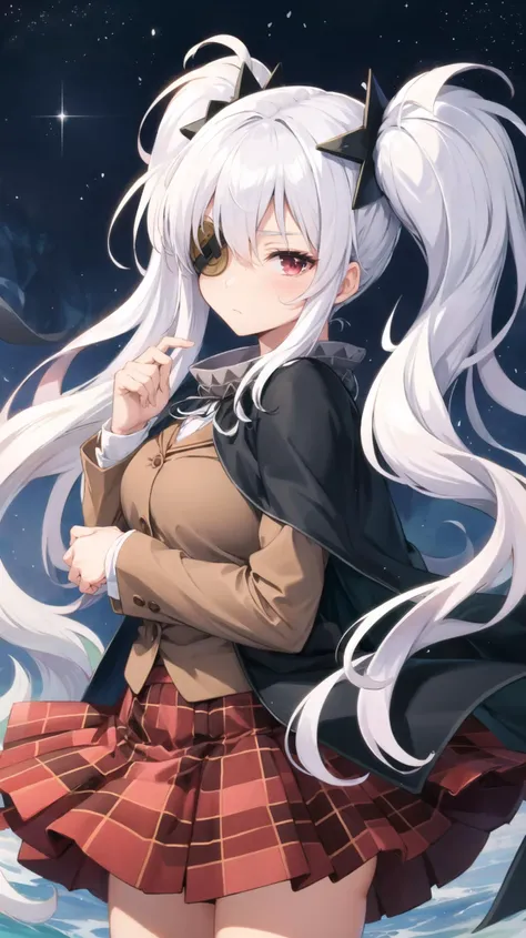 masterpiece, best quality, highres,
<lora:senrankagura_yagyuu-10:1>,, yagyuu \(senran kagura\), expressionless, twintails, hair ornament, eyepatch,
school uniform, cape, plaid skirt ,
BREAK
,