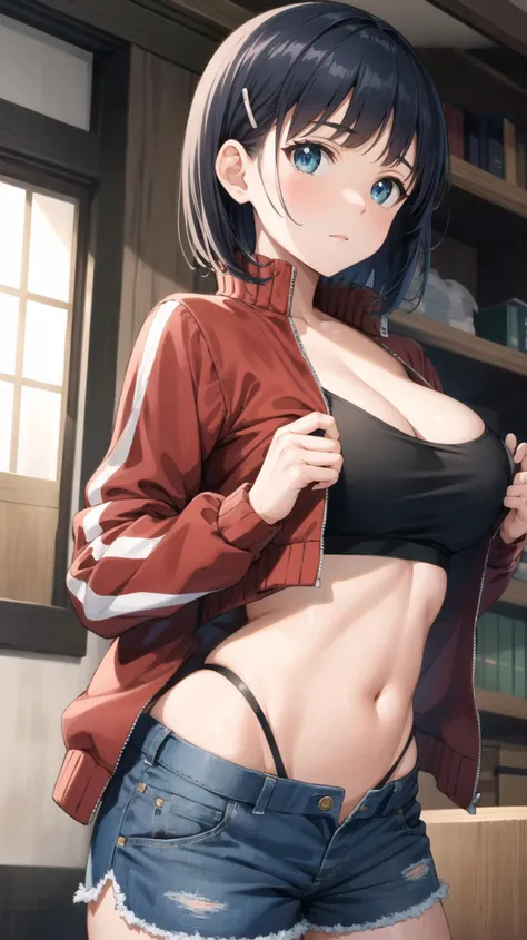 masterpiece, best quality, highres,  
 <lora:kirigaya_suguha_v1:0.7>, aasugu, short hair, hairclip, large breasts,
track jacket, red jacket, black shirt, blue shorts,