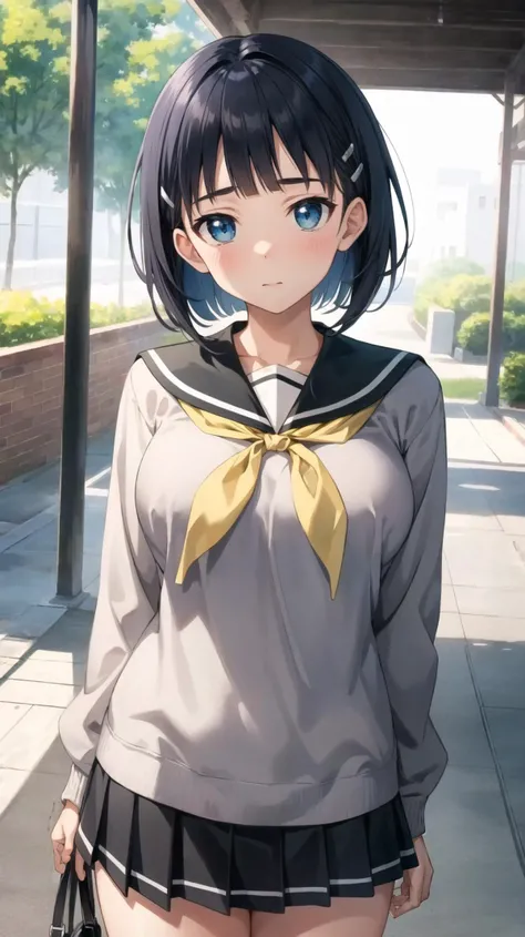 masterpiece, best quality, highres, BREAK, <lora:kirigaya_suguha_v1:0.7>, aasugu, short hair, hairclip, large breasts,
grey sweater, black sailor collar, yellow neckerchief, black skirt,