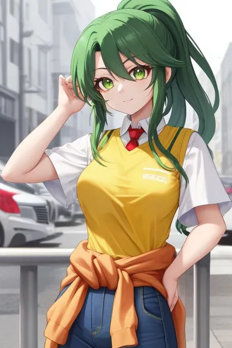 <lora:MionXL:1>,Mion Sonozaki,green hair,green eyes,ponytail,white shirt,red necktie,yellow vest,red skirt,yellow tee,white clothes around waist,jeans,