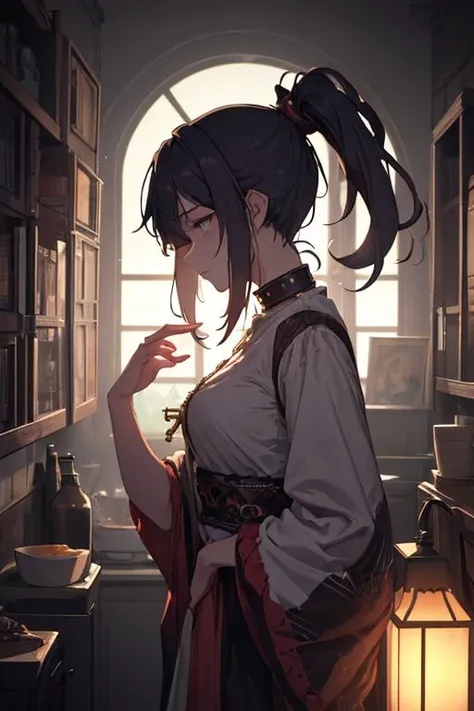(((masterpiece))) , (((best quality))) , anime style, 2d, Gritty Old Dutch cozy 1girl, solo, Bohemian, she is dressed in a Mandarin collar shirt, It is Mystical, Ponytail hair, key visual, highly intricate, fine polished, very inspirational, great composition, epic atmosphere, full color, cool colors