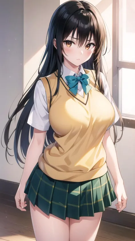 masterpiece, best quality, highres,
<lora:kotegawa_v1_locon-000002:0.6>,kotegawa yui, long hair, black hair, large breasts,, red eyes, (brown eyes:1.4),
shirt, white shirt, collared shirt, short sleeves, school uniform,yellow sweater vest aqua bowtie,
skirt, pleated skirt, plaid skirt, green skirt, , miniskirt,
,BREAK
,