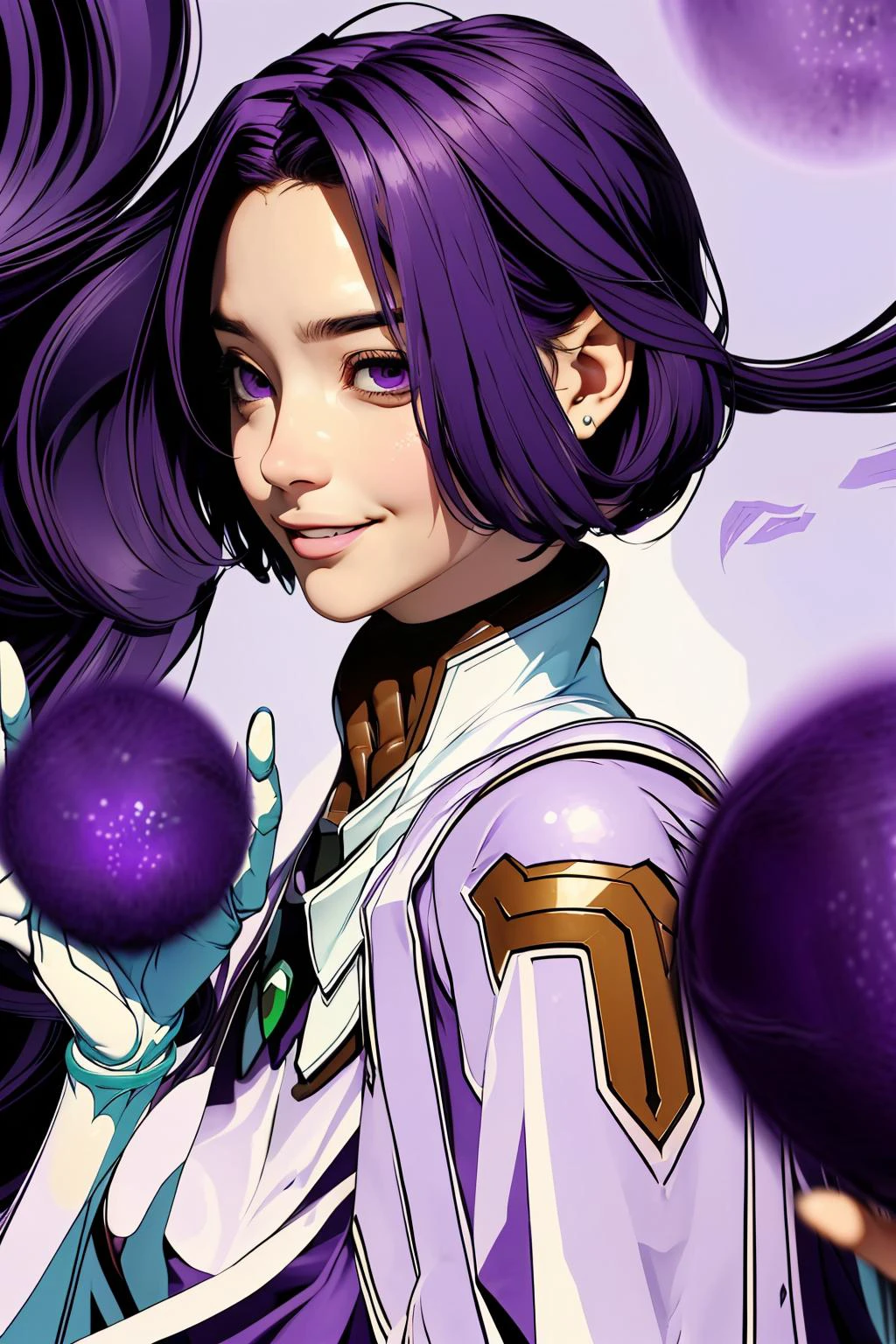 best quality, ultra-detailed, (1girl, solo, <lyco:miang-v1:1>,miang hawwa, gebler-uniform, Brutal smile, Narrow eyes, <lora:PowerSphere-V1_0:1:1,0,0,0,0,0,0,1,1,1,0,0,0,1,0,0,0,1,1,1,1,0,0,0,0,0>, pwrsphr magic,purple sphere:1.3), in the ruin