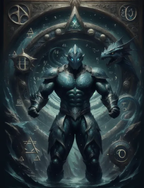 hyper detailed masterpiece, dynamic, awesome quality,math magic, (numbers and symbols:1.3), dragonborn, humanoid upper body,fish tail, muscular physique, webbed fingers, enchanting alluring appearance, aquatic beauty, aquatic hues, strength, mythtic allure, depth of the sea, <lora:DonMM4thM4g1c-000008:0.75>