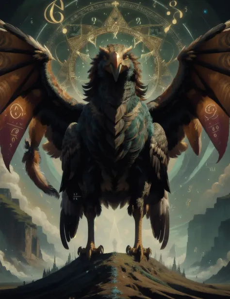 hyper detailed masterpiece, dynamic, awesome quality,math magic, (numbers and symbols:1.3), manticore, mythical gigantic colossal bird of prey, powerful wings, massive beak and talons, feathers, vibrant colors, nature's grandeur, power, <lora:DonMM4thM4g1c-000008:0.75>