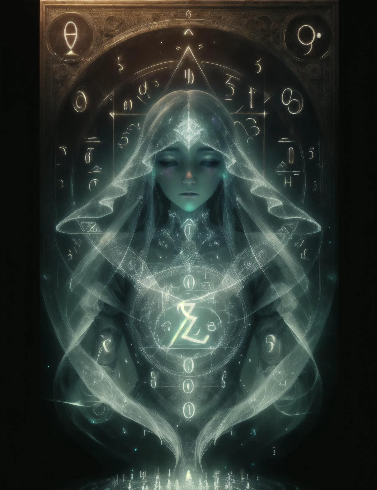 hyper detailed masterpiece, dynamic, awesome quality,math magic, (numbers and symbols:1.3), female semi-ghost, ethereal translucent appearance, faint ghostly glow,human face,ghost like characteristics, partially visible, transparent form, unfinished journey to the afterlife, haunting, caught between the physical and spiritual realms, <lora:DonMM4thM4g1c-000008:0.75>
