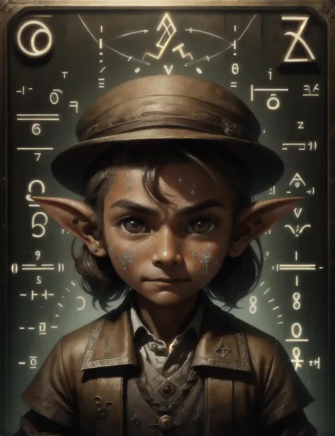 hyper detailed masterpiece, dynamic, awesome quality,math magic, (numbers and symbols:1.3), male brownie, small humanoid creature, wrinkled or aged appearance, brown earth toned clothing, pointed ears, mischievous expression, small pointed hat, expressive eyes, curiosity, playfulness, slightly grotesque, helpful household tasks, domestic environments, moldy,streetwise,inventive,rushing,teamwork, <lora:DonMM4thM4g1c-000008:0.75>