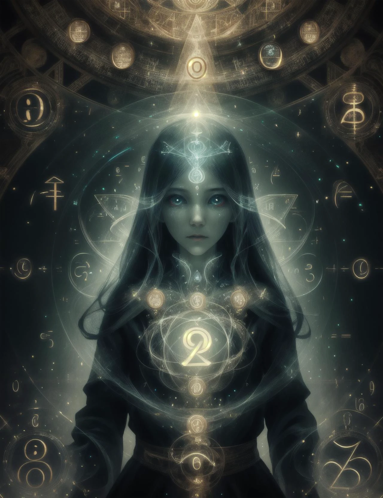 hyper detailed masterpiece, dynamic, awesome quality,math magic, (numbers and symbols:1.3), female semi-ghost, ethereal translucent appearance, faint ghostly glow,human face,ghost like characteristics, partially visible, transparent form, unfinished journey to the afterlife, benevolent, caught between the physical and spiritual realms, <lora:DonMM4thM4g1c-000008:0.75>
