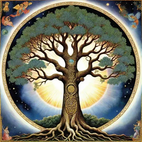 the world tree is represented as a colossal tree which supports the heavens, thereby connecting the heavens, the terrestrial world, and, through its roots, the underworld. It may also be strongly connected to the motif of the tree of life, but it is the source of wisdom of the ages