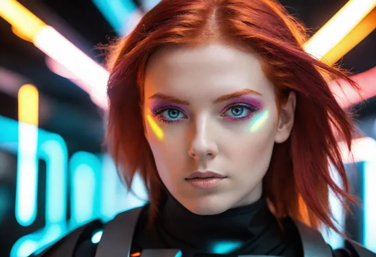 Best quality, Raw photo, face portrait, a young cyborg woman with fiery red hair. Her face fills the frame, bathed in neon hues, exuding determination and mystery amidst a futuristic backdrop