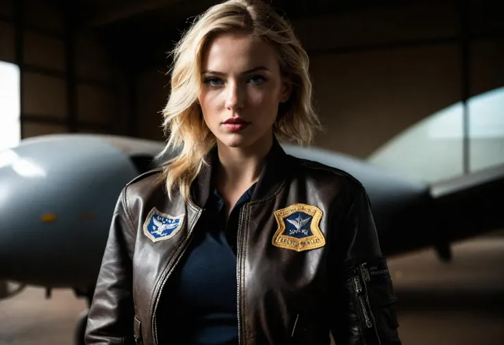 full body photo of stunning, sly female pilot in a hangar, old leather uniform, bomber jacket, (skin blemishes), (freckles:0.7), beautiful detailed eyes, beautiful detailed lips, a captivating gaze, and an alluring expression. beautiful dynamic dramatic dark moody lighting, shadows, cinematic atmosphere, photograph, focal length, (waist long, messy, wild, blonde, hair)
