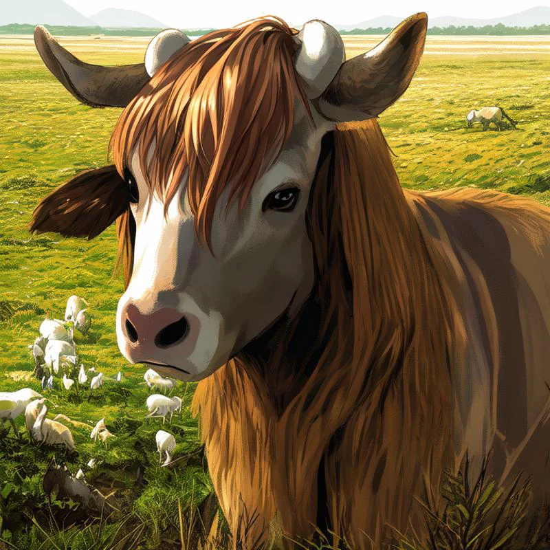 masterpiece, simple portrait, illustration, colorful, dramatic light, cows in an open field grazing, multiple cows, zoomed out shot, golden hour,<lora:elf-pc-98V3:0.8>,