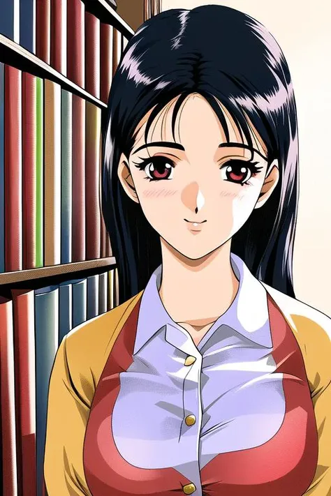 librarian girl, inside a library, retro artstyle, (detailed face:1.2), colorful, high detail, sharp focus, masterpiece, best quality, detailed, 8K <lora:Style-PC98Galgame:0.6>