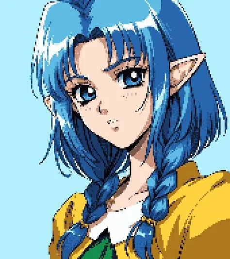 8k, 4k, (highres:1.1), best quality, (masterpiece:1.3), 1990s \\(style\\), retro artstyle, fantasy, background, portrait, face, 3/4 angle, 1girl, female elf, Olive Skin, light blue hair, short hair, multiple braids, <lora:pc98GalgameElfRetroSemi_v10:.6>