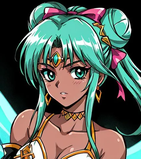 8k, 4k, (highres:1.1), best quality, (masterpiece:1.3), 1990s \(style\), retro artstyle, fantasy, background, portrait, face, 3/4 angle, arabic dark-skinned_female, genie, dark_skin, hair bun, aqua hair, bare_shoulders, pink large hair bow, detached_sleeves, jewelry, circlet, turquoise <lora:pc98GalgameElfRetroSemi_v10:.6>