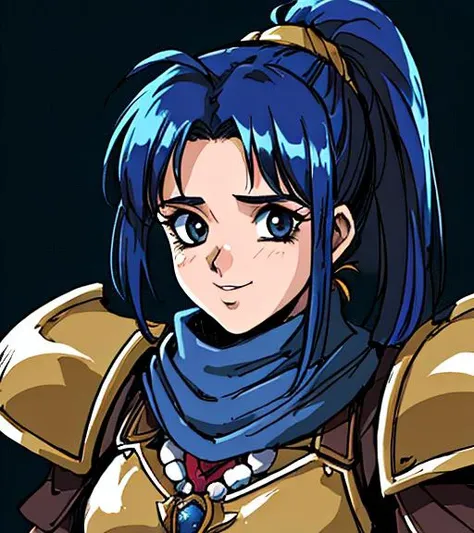 8k, 4k, (highres:1.1), best quality, (masterpiece:1.3), 1990s \(style\), retro artstyle, fantasy, background, female dwarf, portrait, face, 3/4 angle, chubby, fat, dark blue hair, long hair, ponytail, shoulder armor, scarf <lora:pc98GalgameElfRetroSemi_v10:.6>