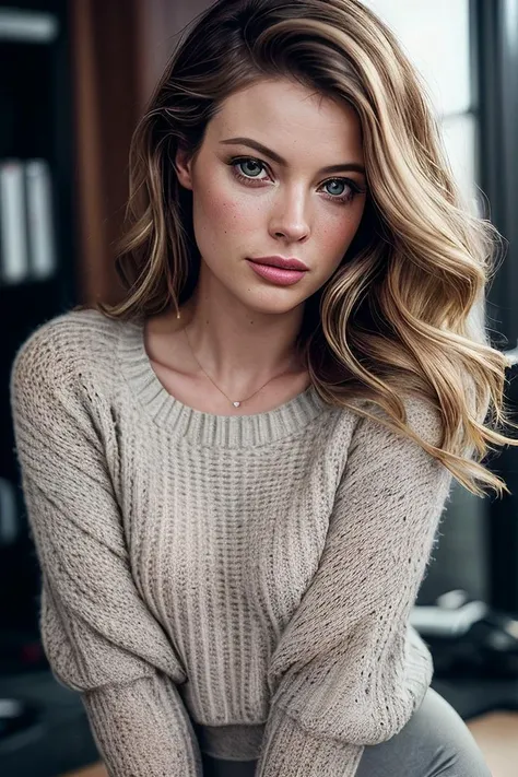 beautiful woman (G1ll14nJ4c0bs:.99), perfect hair, ((portrait)), (closeup:1.2), ((from the waist up)), (((  A modern design studio, filled with innovative creations and cutting-edge equipment :1.2 ))), natural skin texture, ((  Oversized sweater and leggings :1.2)), 24mm, 4k textures, soft cinematic light, adobe lightroom, photolab, hdr, intricate, elegant, highly detailed, sharp focus, ((((cinematic look)))), soothing tones, insane details, intricate details, hyperdetailed, low contrast, soft cinematic light, exposure blend, hdr, faded, now, ("I've got a bad feeling about this.":1.1)