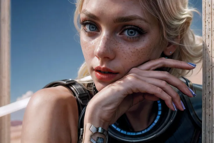 G1ll14nJ4c0bs, 45 years old, glowing blue eyes , big red lips , choker, freckles, (slim waist), abs, (lots of curls), (pale white hair) , highlights, freckles, ( white long hair), looking pass the camera,
Dune movie style,giant complex futuristic architecture unity in the desert,sunset,cinematic scenes,cinematic shots,cinematic lighting,volumetric lighting,ultra-detailed,highly detailed,hyper-detailed,realistic,ultra-realistic,hyperrealistic,HD,IMAX,8K resolutions,ultra resolutions,sharp focus,magnificent,best quality,masterpiece,
sandstrom
rendered using Unreal Engine 5., slim waist, abs, 50mm, fill lighting, fuji x100v, 2.8f stop,
<lora:depth_of_field_slider_v1:0.8> <lora:hairdetailer:0.8> <lora:add_detail:0.8>