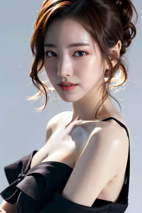 Best quality, masterpiece, ultra high res, (photorealistic:1.4), raw photo,1girl, solo, realistic, looking at viewer, close-up,simple background, black dress, off shoulder