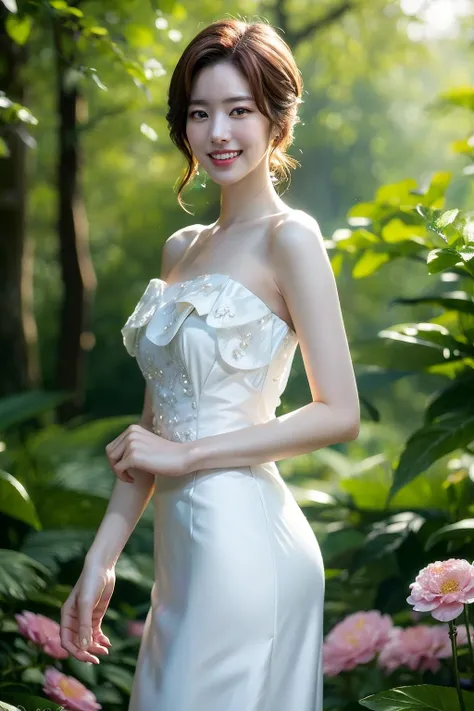 (realistic), (hyperrealism),best quality, masterpiece,ultra high res, (photorealistic:1.4),1girl,pale skin,skinny,(looking at viewer:2), <lora:add_detail:0.6>,forest, morning dew, buttefly, flowers,
<lora:makina69_jinseyeon_v1.0:1> , formal dress, dynamic pose, bare shoulders, teeth, grin