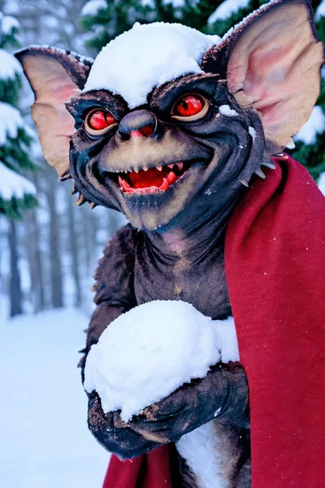 small creature (Mohawk:1.3) long ears in the snow at night building a snowman wearing a red scarf <lora:Gremlins:0.8>