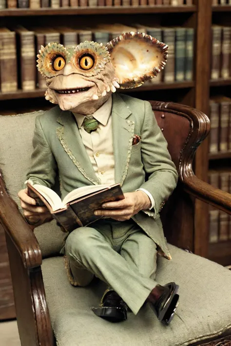 small creature (brain:1.3) long ears wearing suit, glasses, on a chair , smoking a pipe, reading a book in a library <lora:Gremlins:0.8>