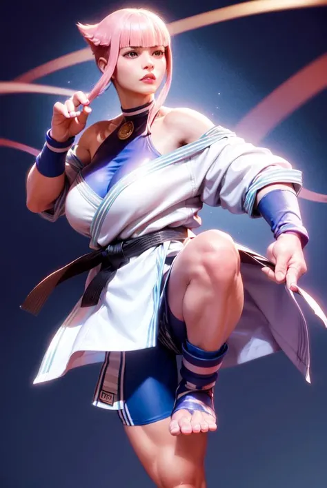 (masterpiece, best quality:1.2) 1girl, solo, looking at viewer, manon, sf6, pink hair, short hair with long locks, bangs, blue eyes, lips, large breasts, halterneck, dougi, hip vent, off shoulder, martial arts belt, shorts, (dynamic angle, fighting stance, leg up:1.1), <lora:MANON-15:0.7>