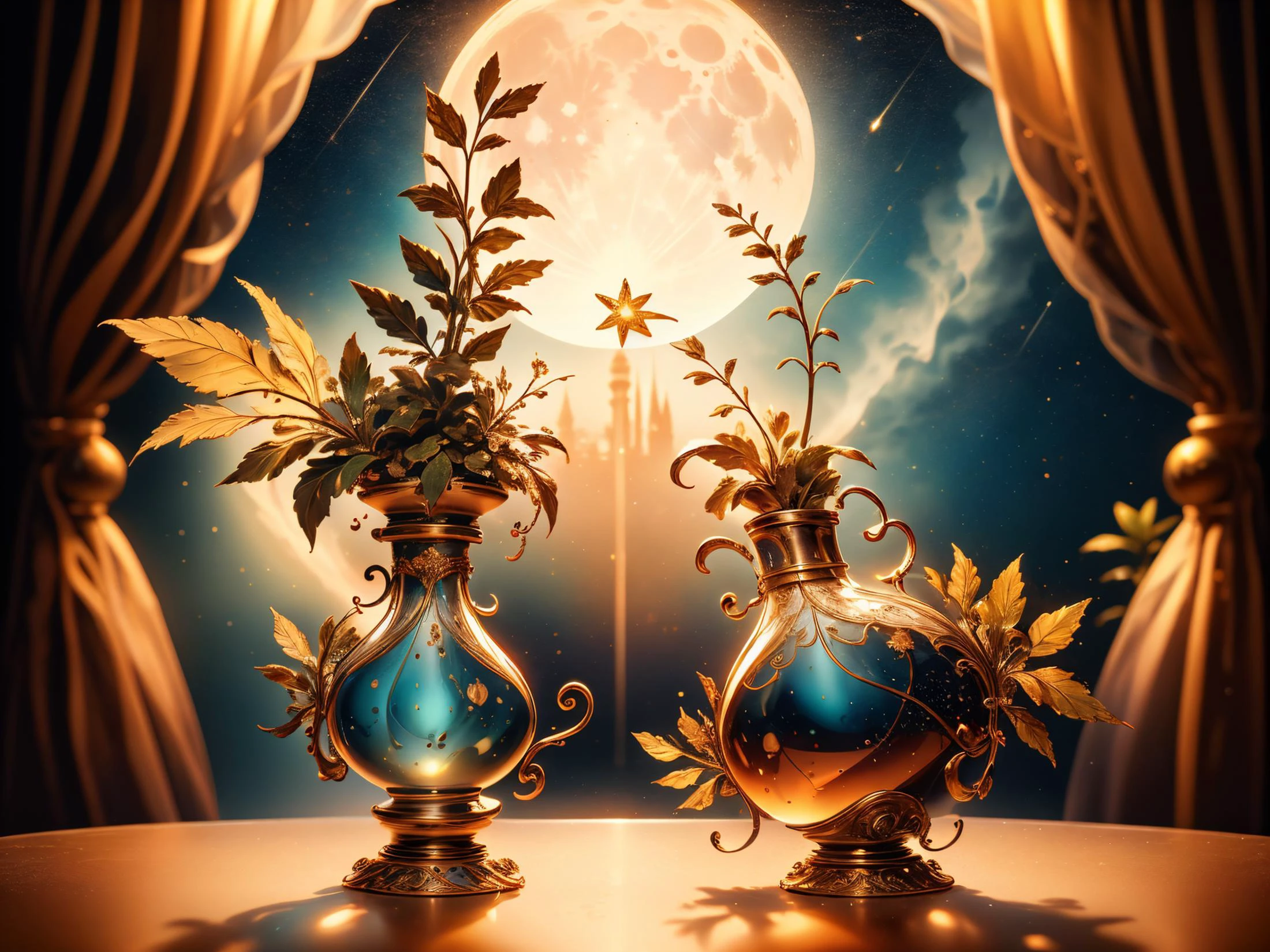 A close-up of a perfume bottle in which a fantastic and fairy-like world can be seen with fairies and mythical creatures and plants. This perfume bottle is on a windowsill. Through the window you can see the moon with stars that illuminates the picture(award winning photo),(masterpiece, best quality),(sharp focus:1.2), intricate details,(intricate details),unity 8k wallpaper,ultra detailed, <lora:Liquify:0.8> liquify, <lora:Perfume_Bottle_v001:1>