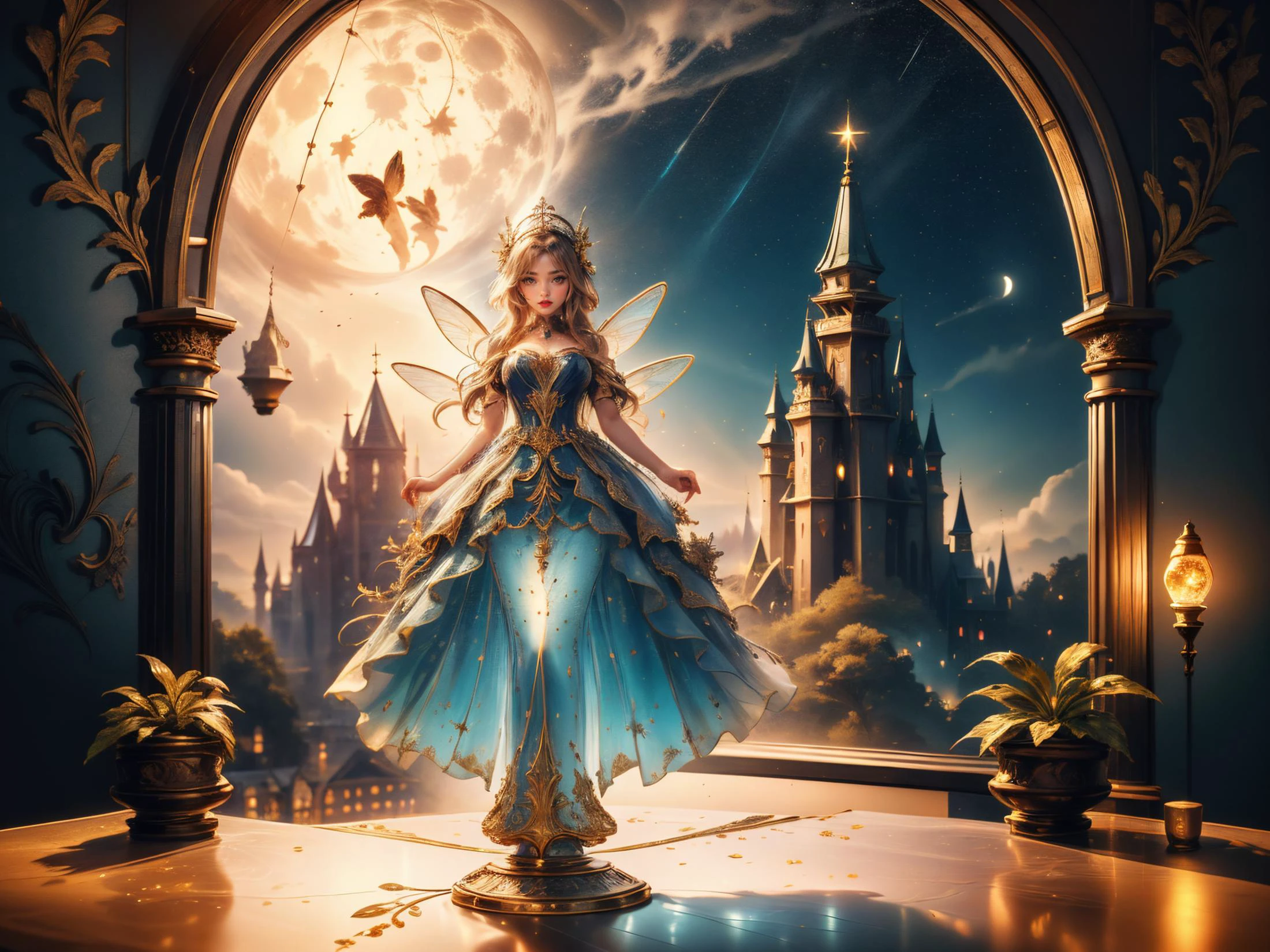 A close-up of a perfume bottle in which a fantastic and fairy-like world can be seen with fairies and mythical creatures and plants. This perfume bottle is on a windowsill. Through the window you can see the moon with stars that illuminates the picture(award winning photo),(masterpiece, best quality),(sharp focus:1.2), intricate details,(intricate details),unity 8k wallpaper,ultra detailed, <lora:Liquify:0.8> liquify, <lora:Perfume_Bottle_v001:1>