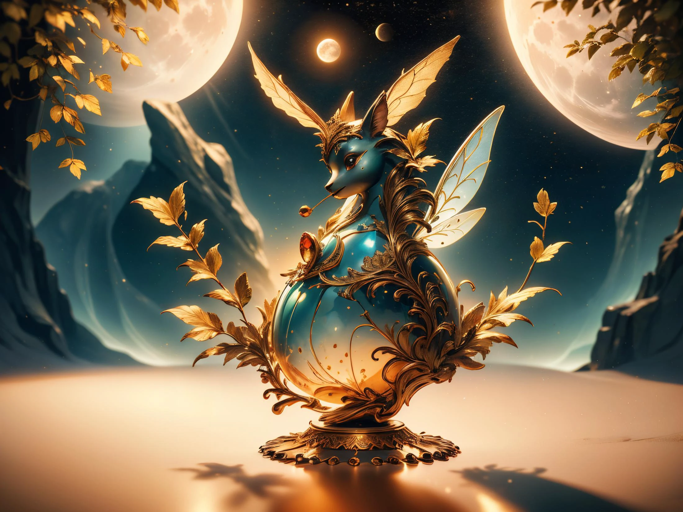 A close-up of a perfume bottle in which a fantastic and fairy-like world can be seen with fairies and mythical creatures and plants. This perfume bottle is on a windowsill. Through the window you can see the moon with stars that illuminates the picture(award winning photo),(masterpiece, best quality),(sharp focus:1.2), intricate details,(intricate details),unity 8k wallpaper,ultra detailed, <lora:Liquify:0.8> liquify, <lora:Perfume_Bottle_v001:1>