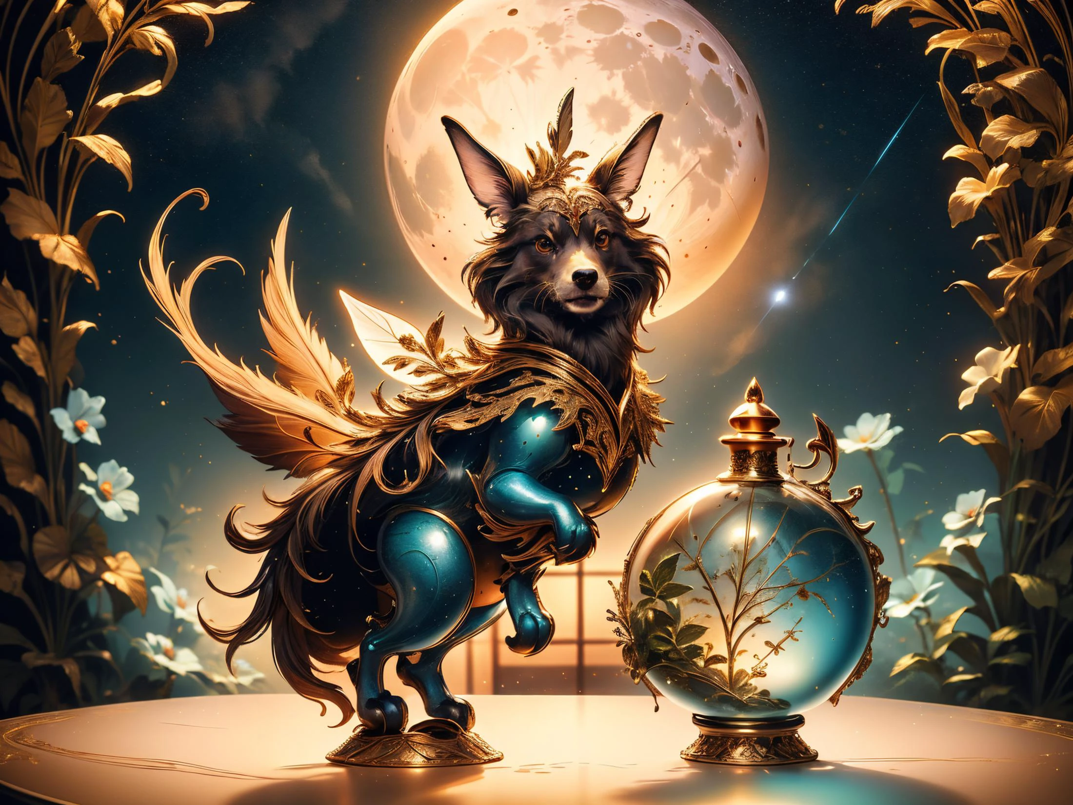 A close-up of a perfume bottle in which a fantastic and fairy-like world can be seen with fairies and mythical creatures and plants. This perfume bottle is on a windowsill. Through the window you can see the moon with stars that illuminates the picture(award winning photo),(masterpiece, best quality),(sharp focus:1.2), intricate details,(intricate details),unity 8k wallpaper,ultra detailed, <lora:Liquify:0.8> liquify, <lora:Perfume_Bottle_v001:1>