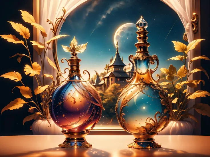 A close-up of a perfume bottle in which a fantastic and fairy-like world can be seen with fairies and mythical creatures and plants. This perfume bottle is on a windowsill. Through the window you can see the moon with stars that illuminates the picture(award winning photo),(masterpiece, best quality),(sharp focus:1.2), intricate details,(intricate details),unity 8k wallpaper,ultra detailed,  <lora:Liquify:0.8> liquify,  <lora:Perfume_Bottle_v001:1>