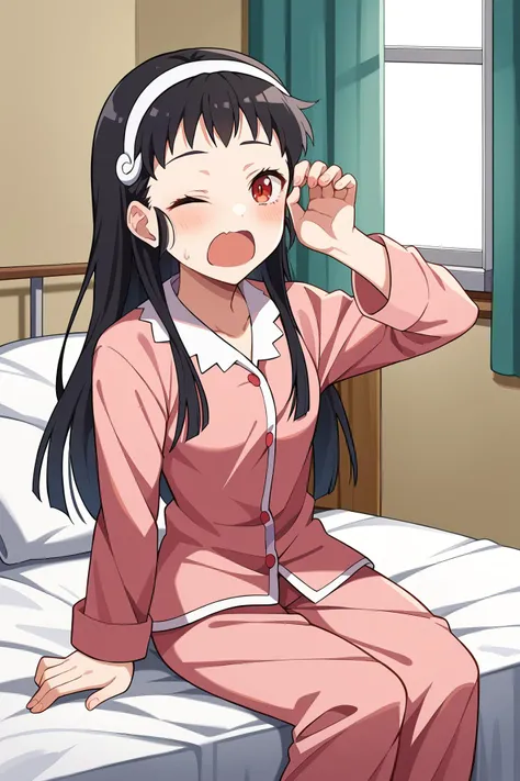 score_9, score_8_up, indoors, bedroom, sitting in bed
BREAK
1girl, hachikuji mayoi, black hair, long hair, hairband, red eyes, pajamas, yawning, one eye closed
<lora:hachikuji-2:1>