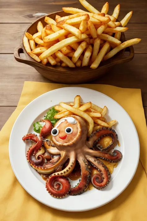 medium shot realistic photo of a plate with a live octopus on it, french fries, highly detailed, 8k, photorealistic, flash lighting, candid, <lora:food:0.8>