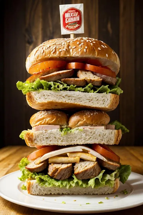 medium shot realistic photo of a plate with a huge sandwich on it, tall, high, big, wide, fat, highly detailed, 8k, photorealistic, flash lighting, candid,  <lora:food:0.8> <lora:more_details:0.5>