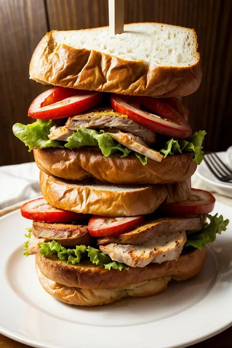 medium shot realistic photo of a plate with a huge sandwich on it, tall, high, big, wide, fat, highly detailed, 8k, photorealistic, flash lighting, candid, <lora:food:0.8> <lora:more_details:0.5>